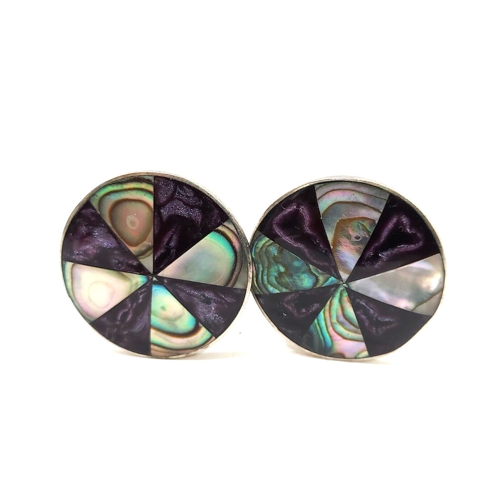 Alpaca Mexico Silver Tone Inlaid Abalone Black Enamel Earrings Clip-Ons